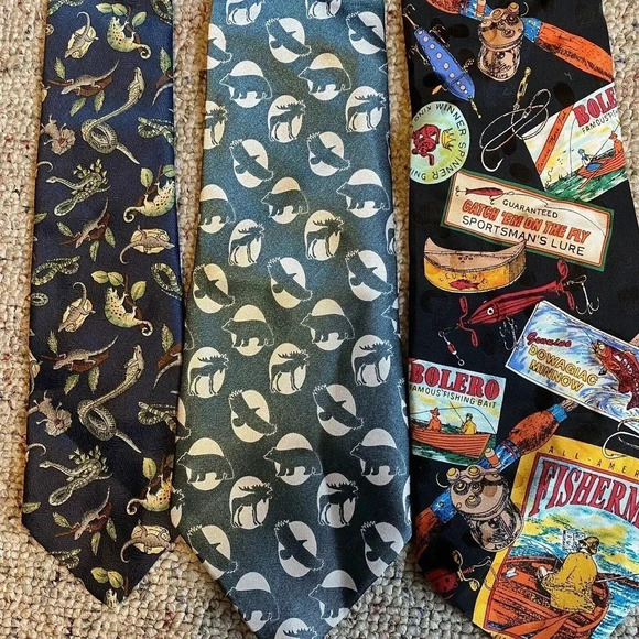 Silk & Polyester 3 Pieces Lot Mens Neck Ties Fishing Animals Reptiles Print - Picture 1 of 2